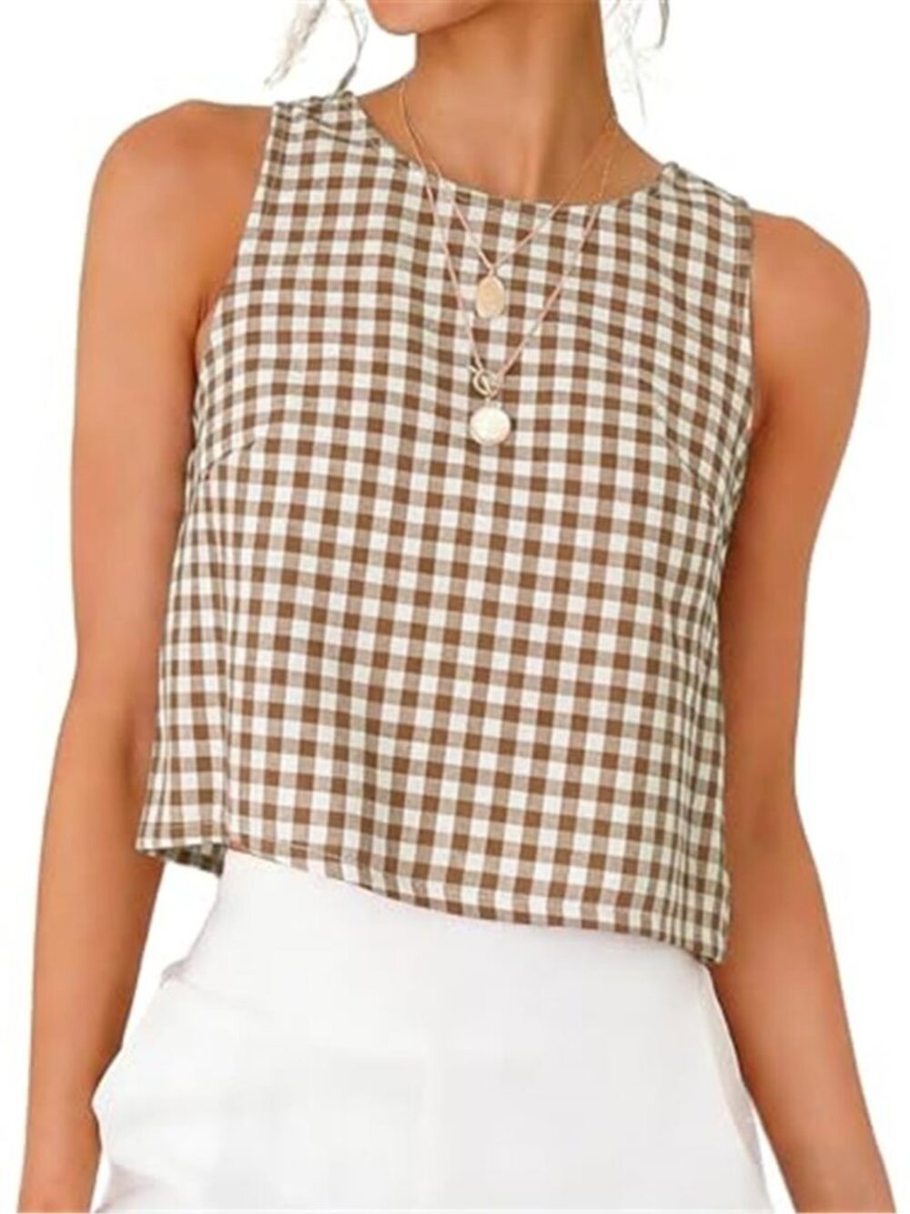 Brown Gingham Crop Tank Top Sleeveless Checkered Summer Vest